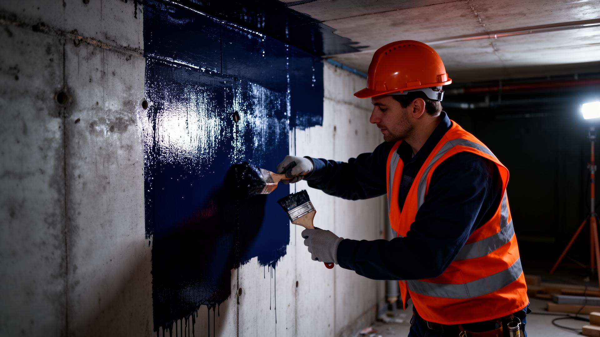 HydroShield specialist applying waterproof coating to a basement wall